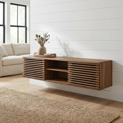 Brown wood wall-mounted media console with sleek design and sturdy construction