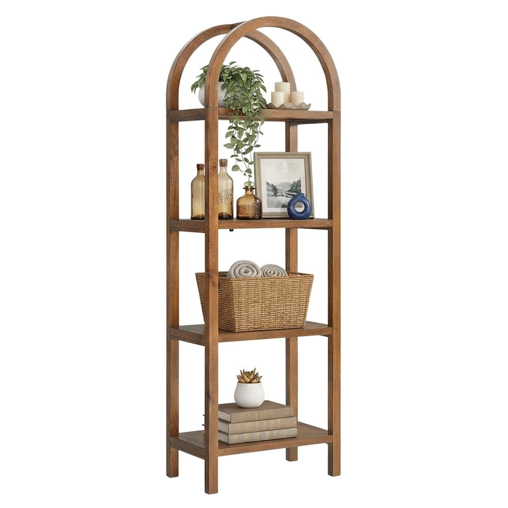 Tall brown arched bookshelf with engineered wood frame for stylish storage