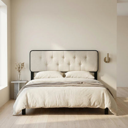 Fabric and Wood Button-Tufted King Headboard Only for Bed Frame, Black Beige