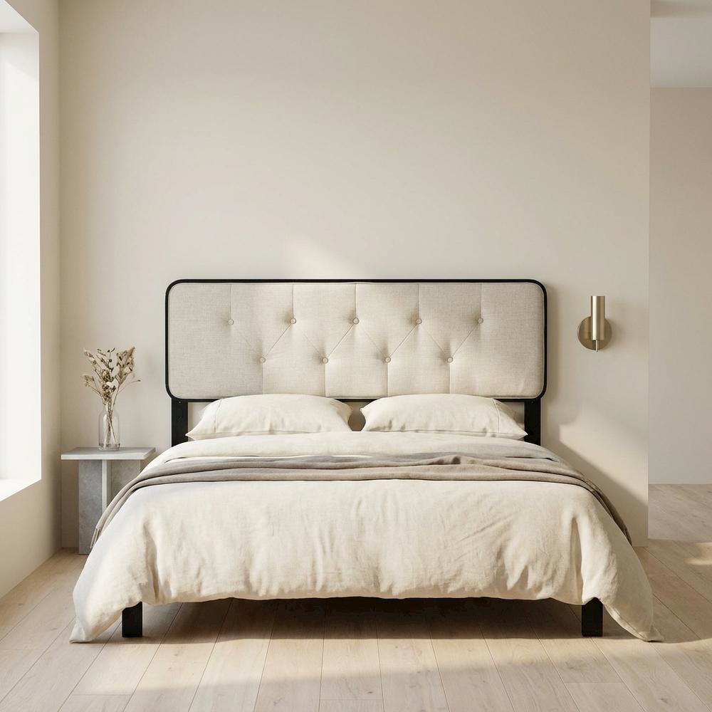 Fabric and Wood Button-Tufted King Headboard Only for Bed Frame, Black Beige