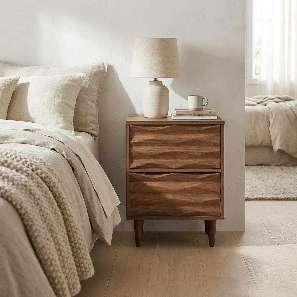 Brown Wooden Nightstand with Two Drawers and Sleek Modern Design