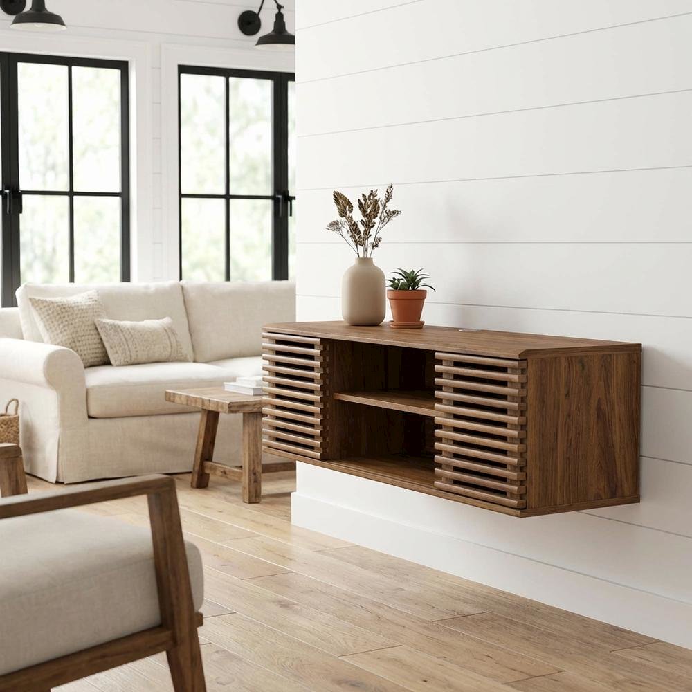Wooden brown wall-mount TV console with sleek design and sturdy build