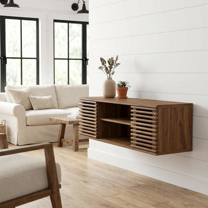 Wooden brown wall-mount TV console with sleek design and sturdy build