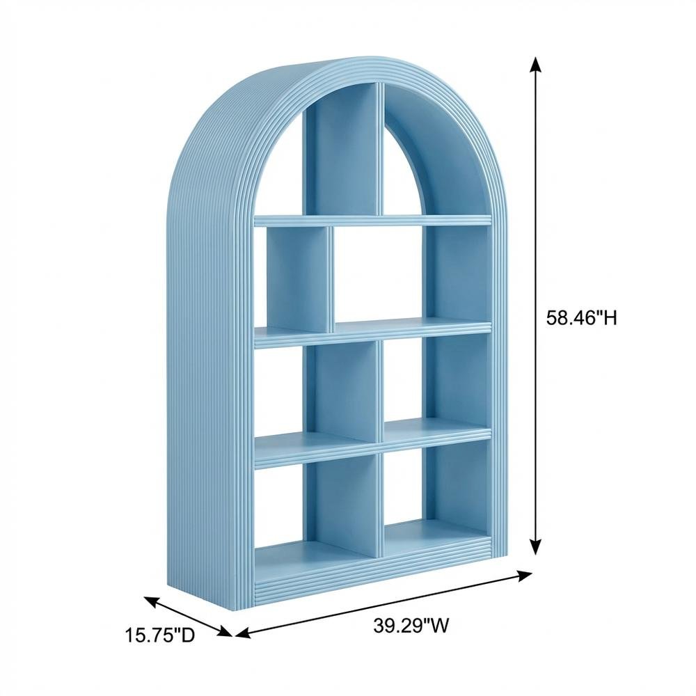 Blue arched bookshelf with spacious shelves and nylon textile finish