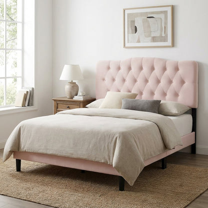 Pink Tufted Velvet Headboard with Diamond Pattern and Plush Padding
