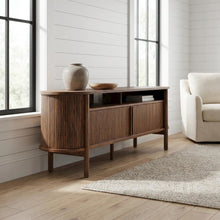 Curved TV Stand in Brown, Rubberwood Solids, Walnut Veneers, Stylish Storage