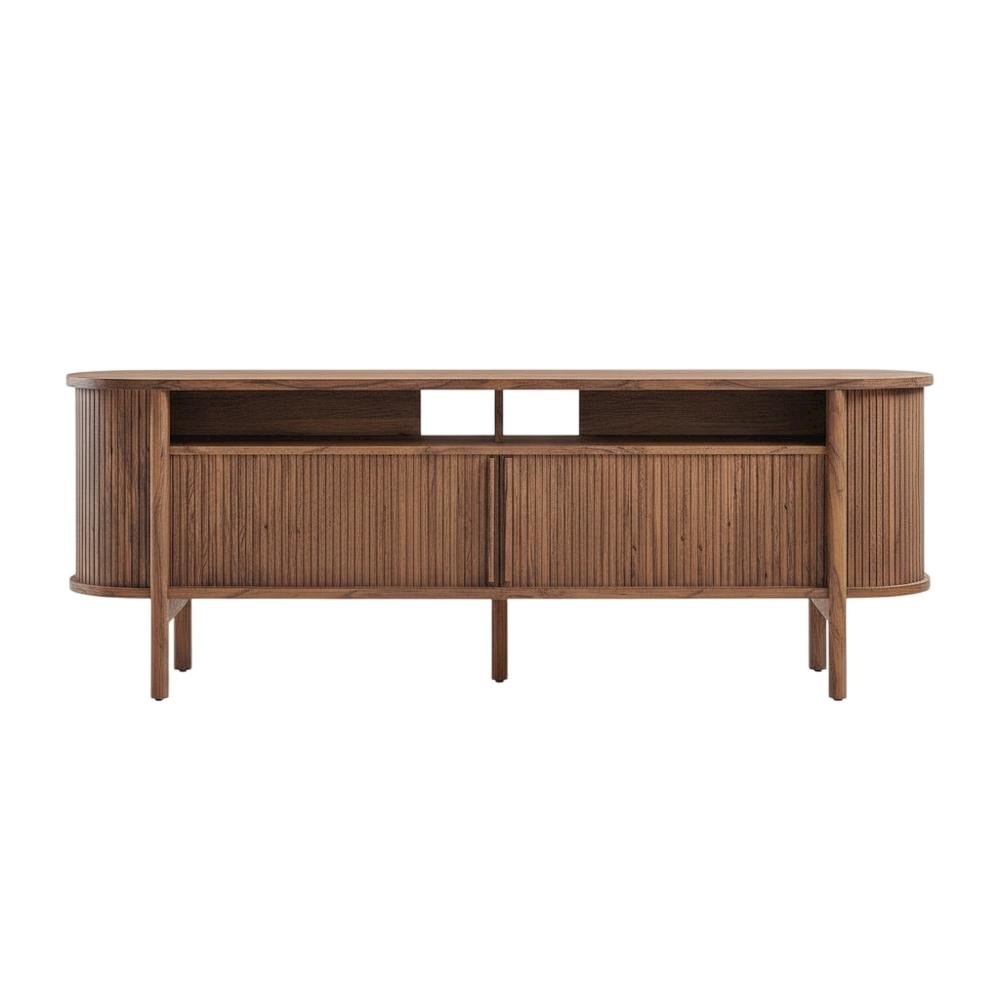 Curved TV Stand in Brown, Rubberwood Solids, Walnut Veneers, Stylish Storage