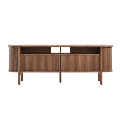Curved TV Stand in Brown, Rubberwood Solids, Walnut Veneers, Stylish Storage