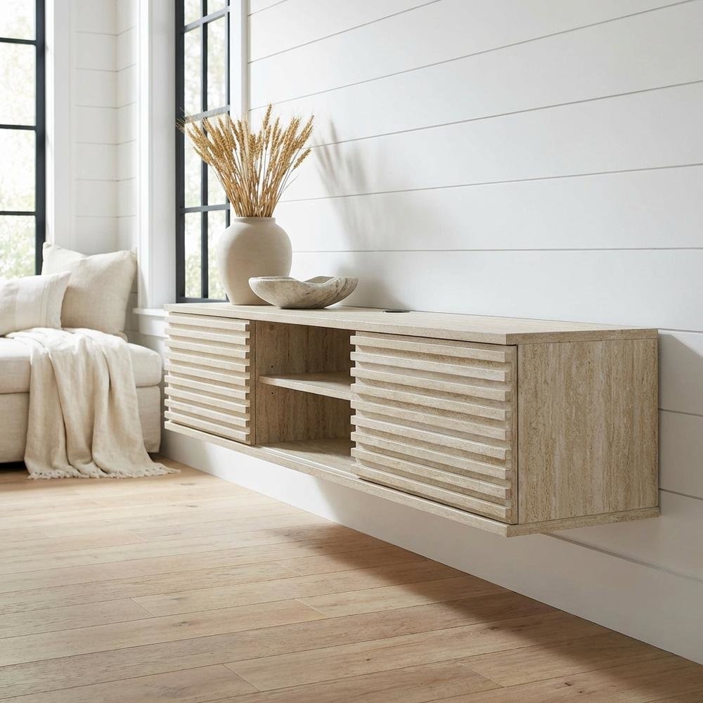 Gray faux wall-mount media console, solid construction, 70-inch design