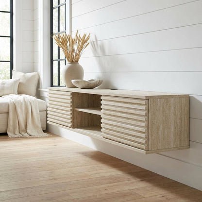 Gray faux wall-mount media console, solid construction, 70-inch design
