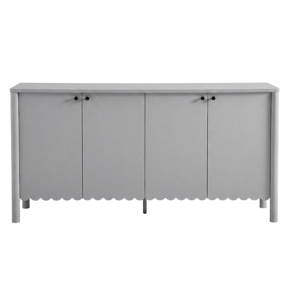 Wooden Scalloped 4-Door Sideboard Buffet Cabinet with Storage, Light Gray