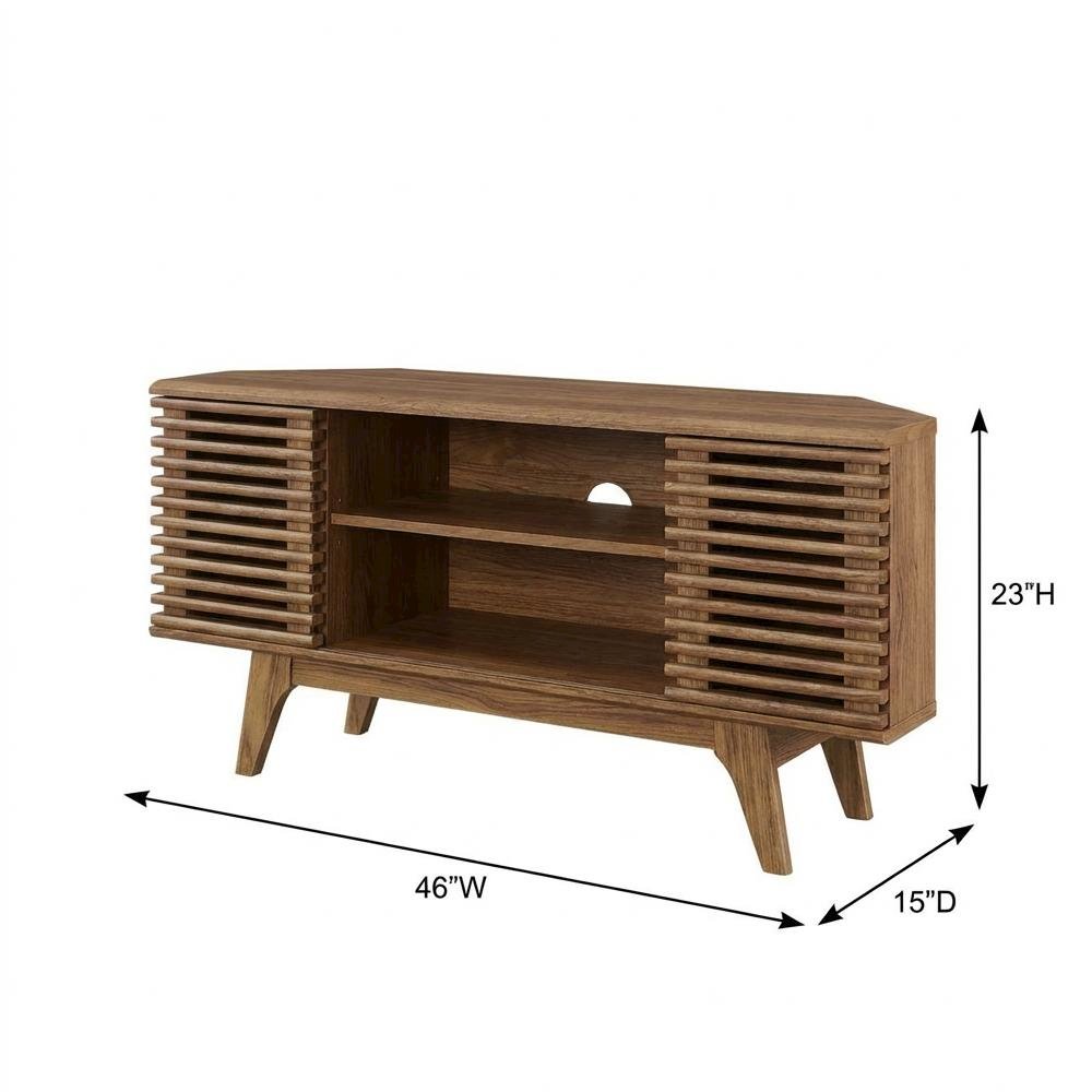 Brown wooden 46-inch corner TV stand with open shelving and versatile design
