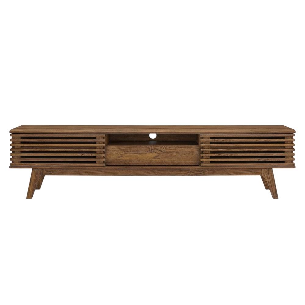 Brown wood TV stand with sleek design and ample storage space