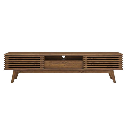 Brown wood TV stand with sleek design and ample storage space
