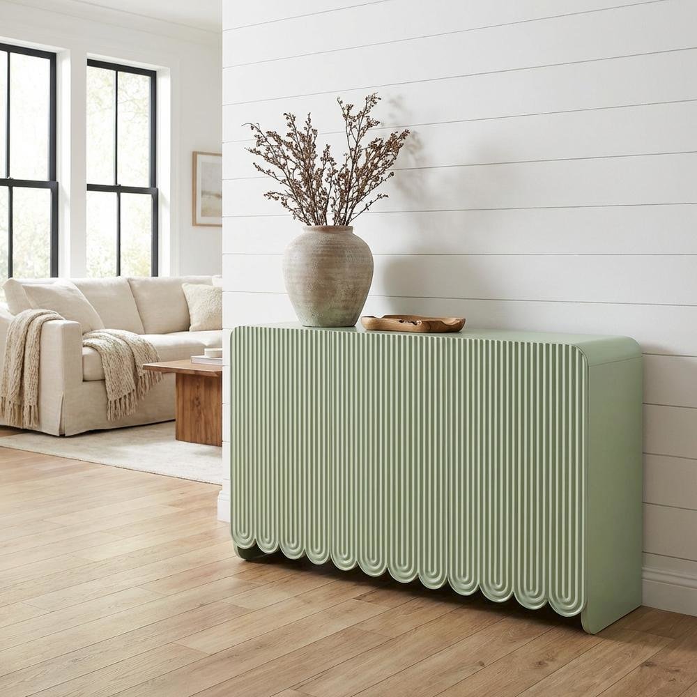 Scalloped And Fluted Storage Cabinet With Elegant Design In Neutral Finish