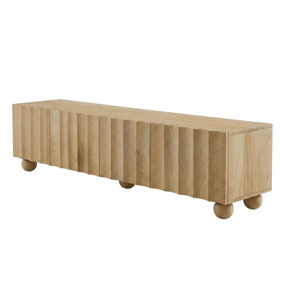 Scalloped Wood TV Stand in Warm Finish with Open Storage Compartments