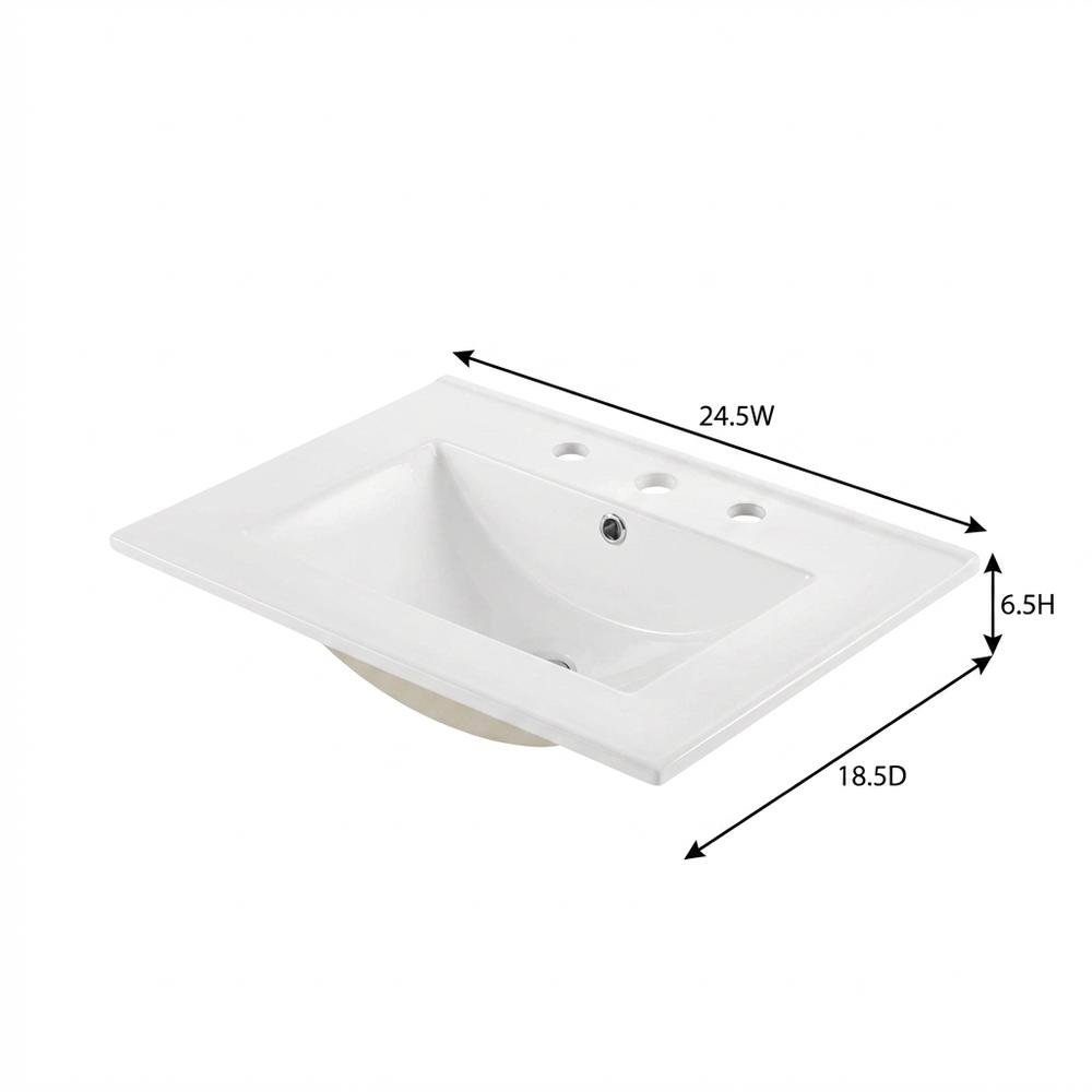 White 24-Inch Ceramic Bathroom Sink Top, Centerset Faucet Holes