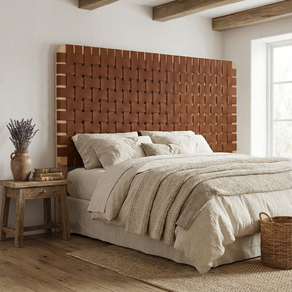 Vegan Leather Full Headboard with Woven Texture and Durable Frame