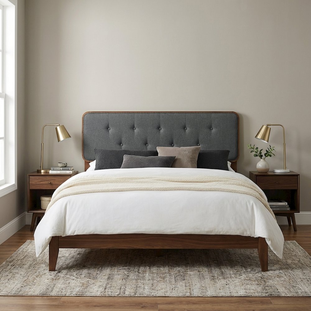 Tufted Fabric Full Headboard with Wood Frame in Neutral Finish