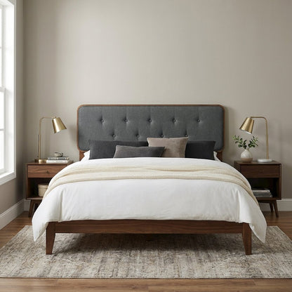Tufted Fabric Full Headboard with Wood Frame in Neutral Finish