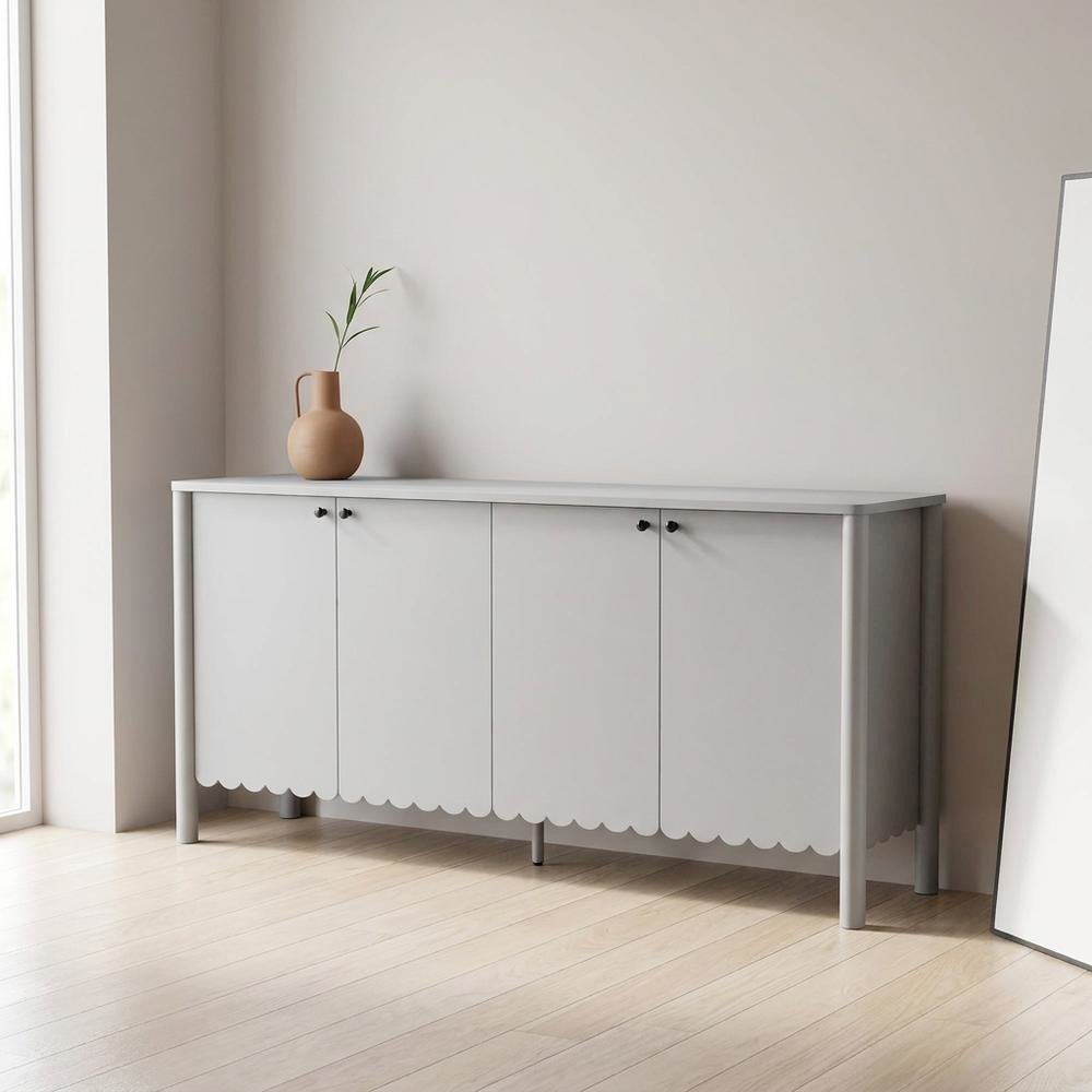 Wooden Scalloped 4-Door Sideboard Buffet Cabinet with Storage, Light Gray