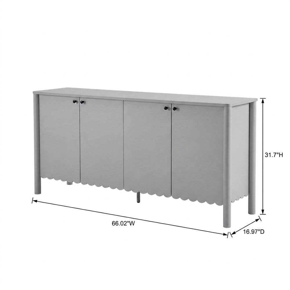 Wooden Scalloped 4-Door Sideboard Buffet Cabinet with Storage, Light Gray
