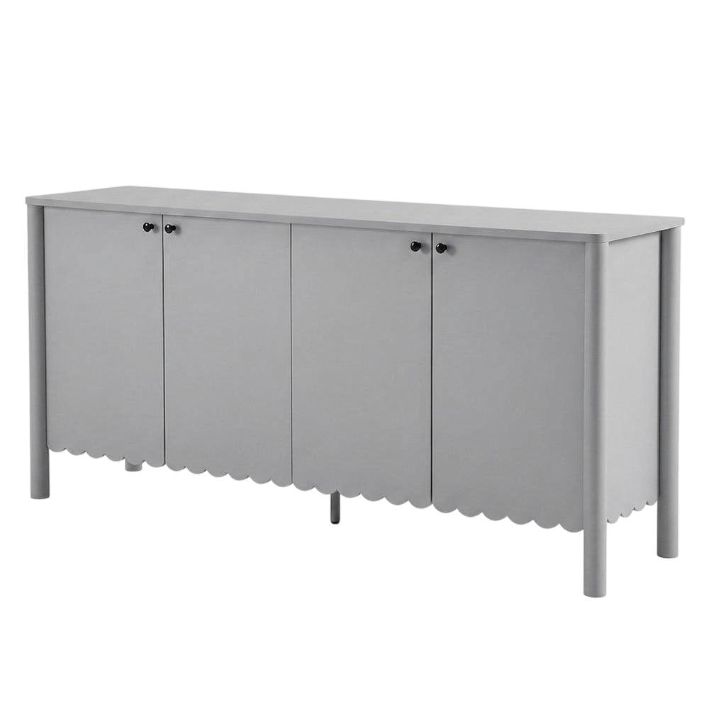 Wooden Scalloped 4-Door Sideboard Buffet Cabinet with Storage, Light Gray
