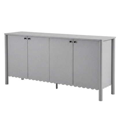 Wooden Scalloped 4-Door Sideboard Buffet Cabinet with Storage, Light Gray
