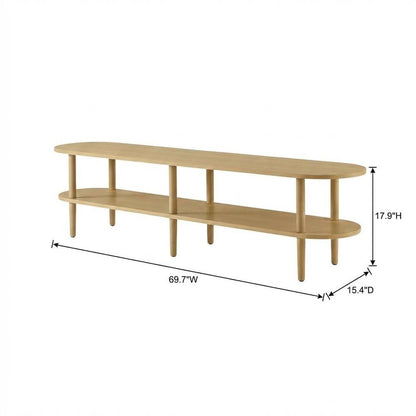 Brown wood TV stand with solid mango construction and oval design