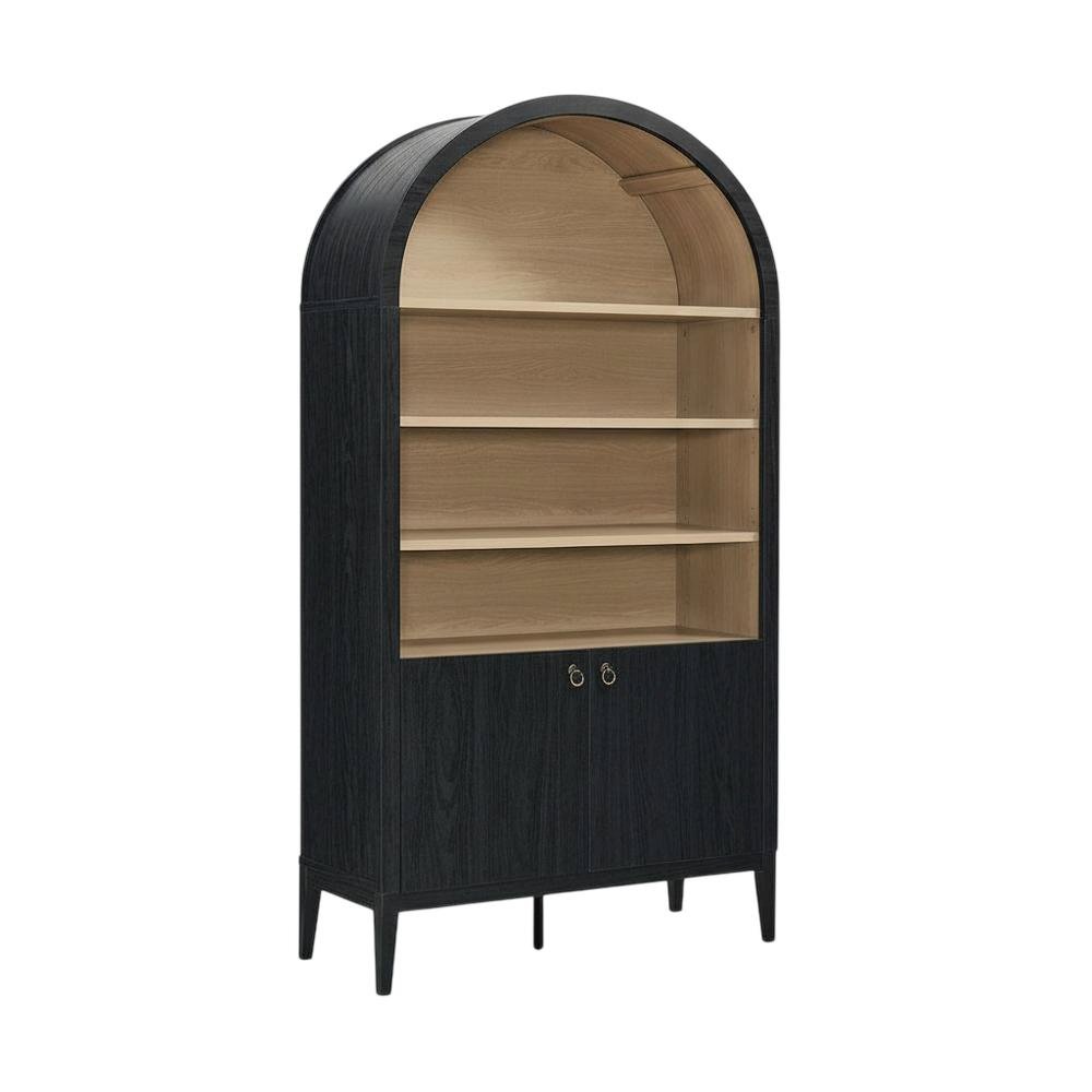 Black tall storage display cabinet with arched design and spacious shelves