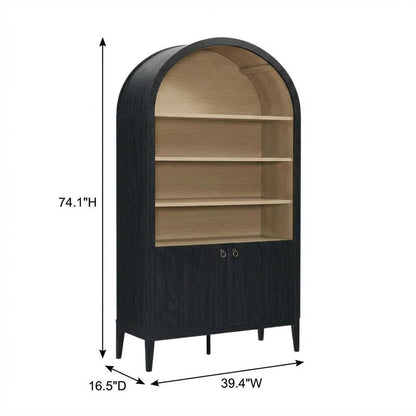 Black tall storage display cabinet with arched design and spacious shelves