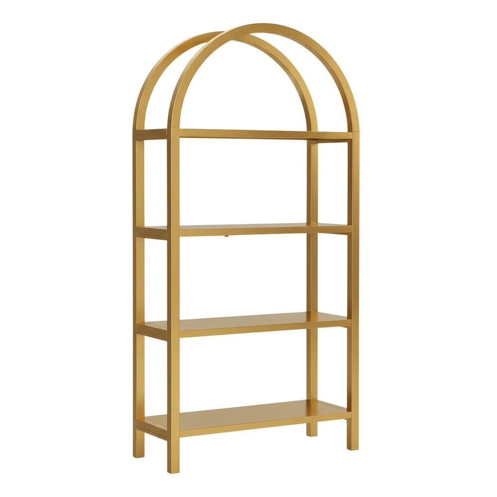 Black engineered wood bookshelf with arched top and spacious shelves