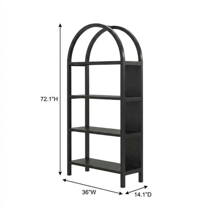 Black engineered wood bookshelf with arched top and spacious shelves