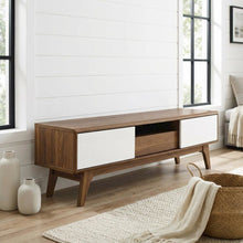 Wooden brown TV stand with 59-inch width and sleek design for modern living