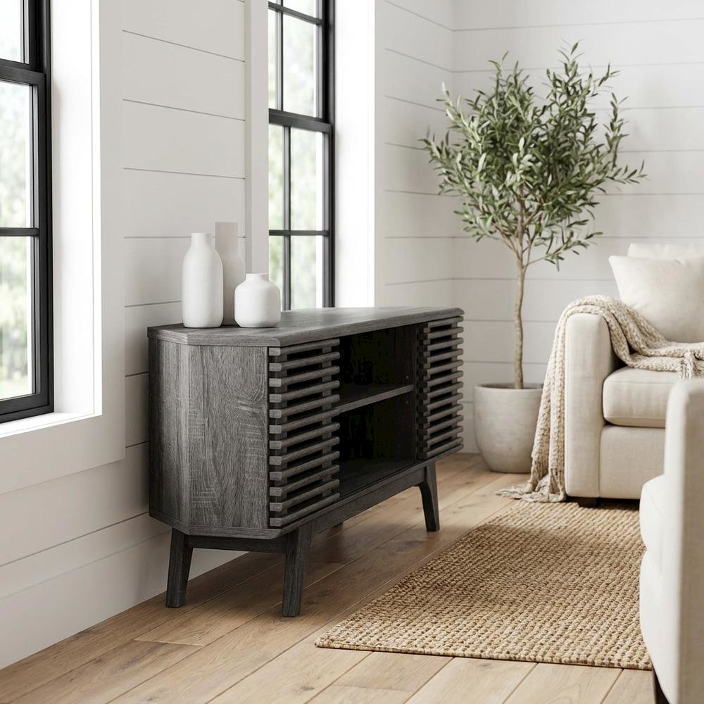 Gray wood corner TV stand with sleek design and sturdy construction