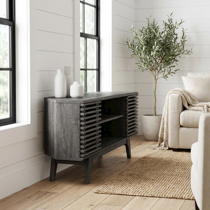 Gray wood corner TV stand with sleek design and sturdy construction