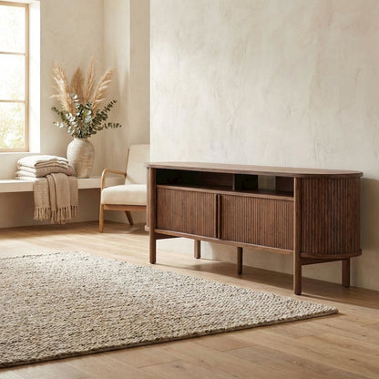 Curved TV Stand in Brown, Rubberwood Solids, Walnut Veneers, Stylish Storage