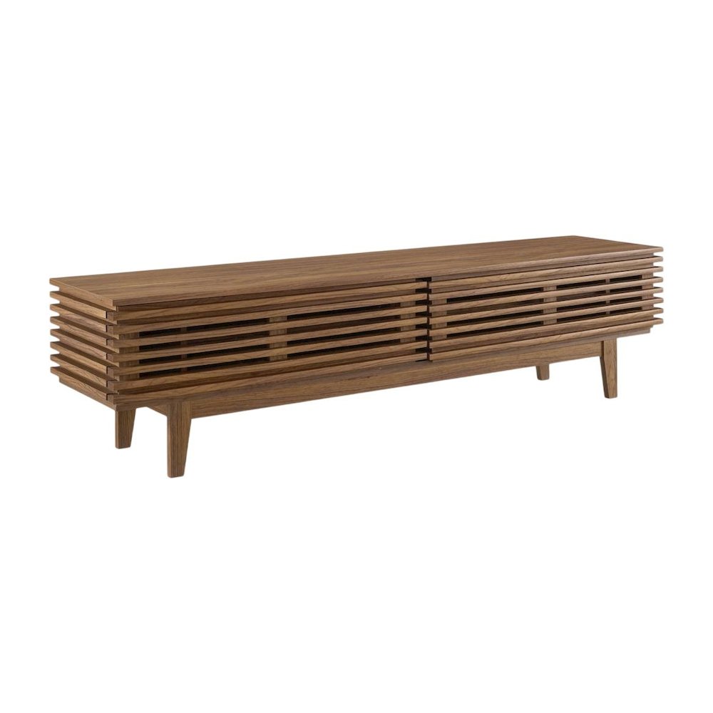 Brown wood TV stand with modern design and sturdy construction