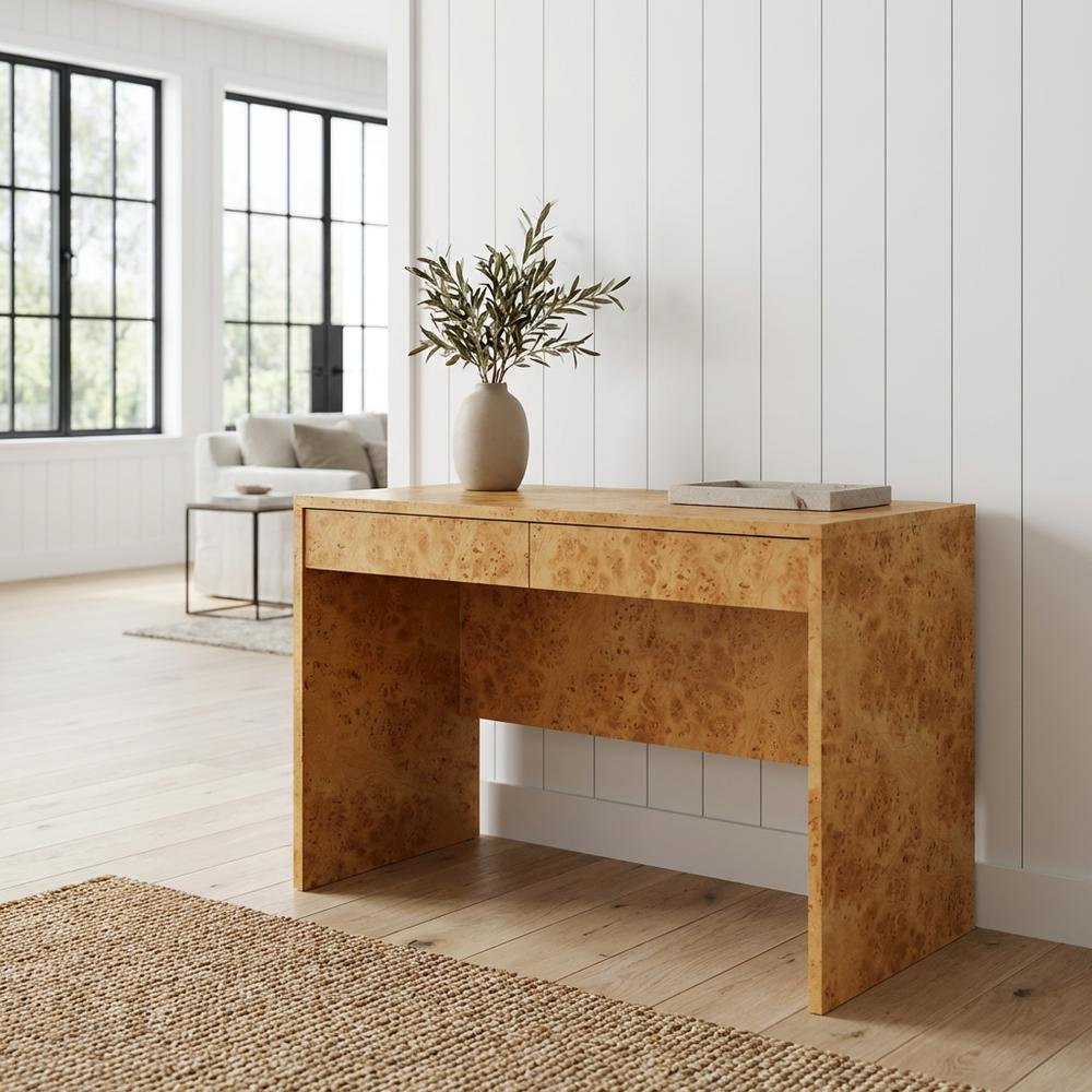 Burl Wood Desk with Two Drawers and Spacious Surface for Home Office