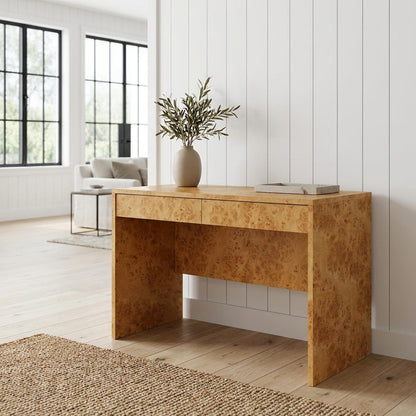 Burl Wood Desk with Two Drawers and Spacious Surface for Home Office