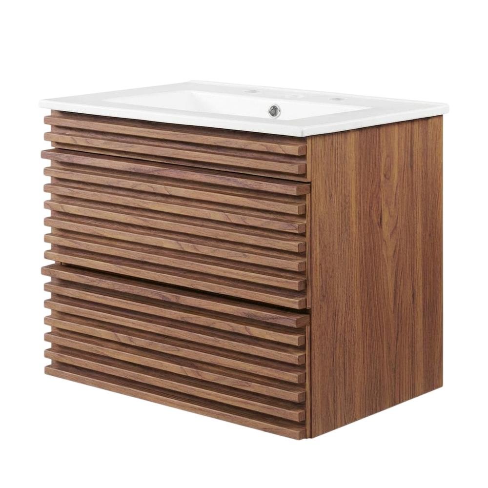 Walnut White 24-Inch Wall-Mount Bathroom Vanity with Ceramic Sink