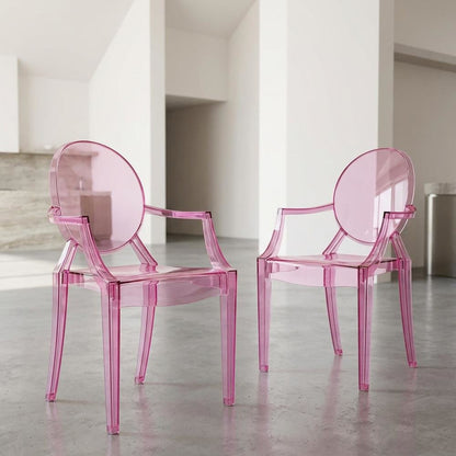 Acrylic High-Back Dining Armchairs with Arms, Pink, Set of 2