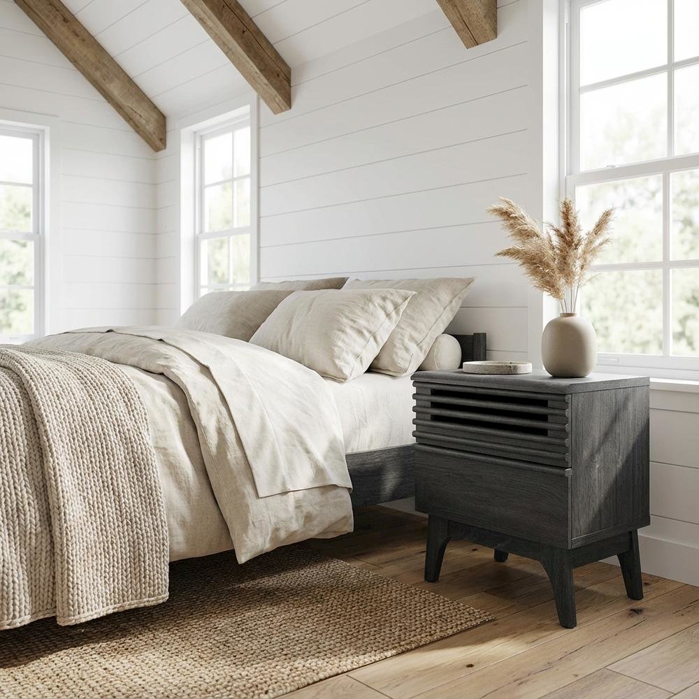 Nightstand in Gray Finish, Minimalist Design, Sturdy Base,, Versatile Storage