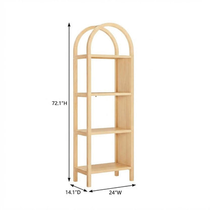 Brown engineered wood arched bookshelf with storage shelves and narrow design