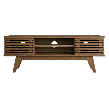 Wooden brown media console, 46-inch top, sturdy legs, modern living spaces