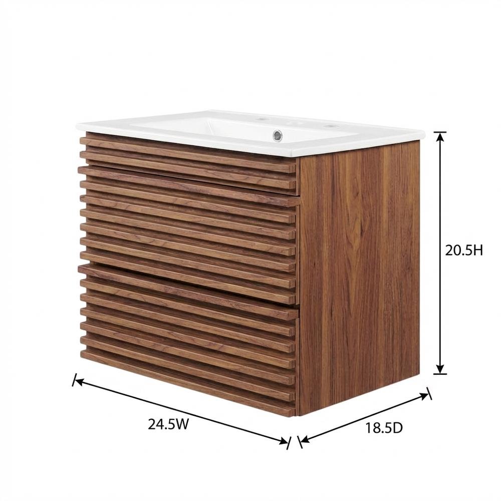 Walnut White 24-Inch Wall-Mount Bathroom Vanity with Ceramic Sink