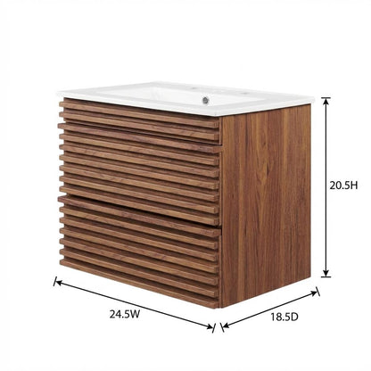 Walnut White 24-Inch Wall-Mount Bathroom Vanity with Ceramic Sink
