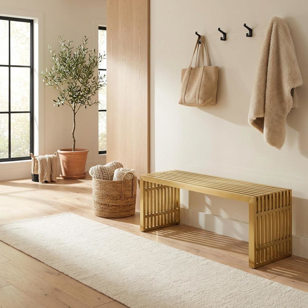 Medium stainless steel bench with durable construction and sleek design