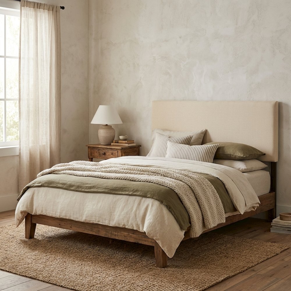Upholstered Queen Headboard in Neutral Fabric, Durable Frame, Stylish Design