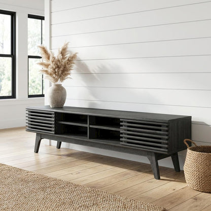 Gray wood entertainment center with spacious TV stand and sleek design